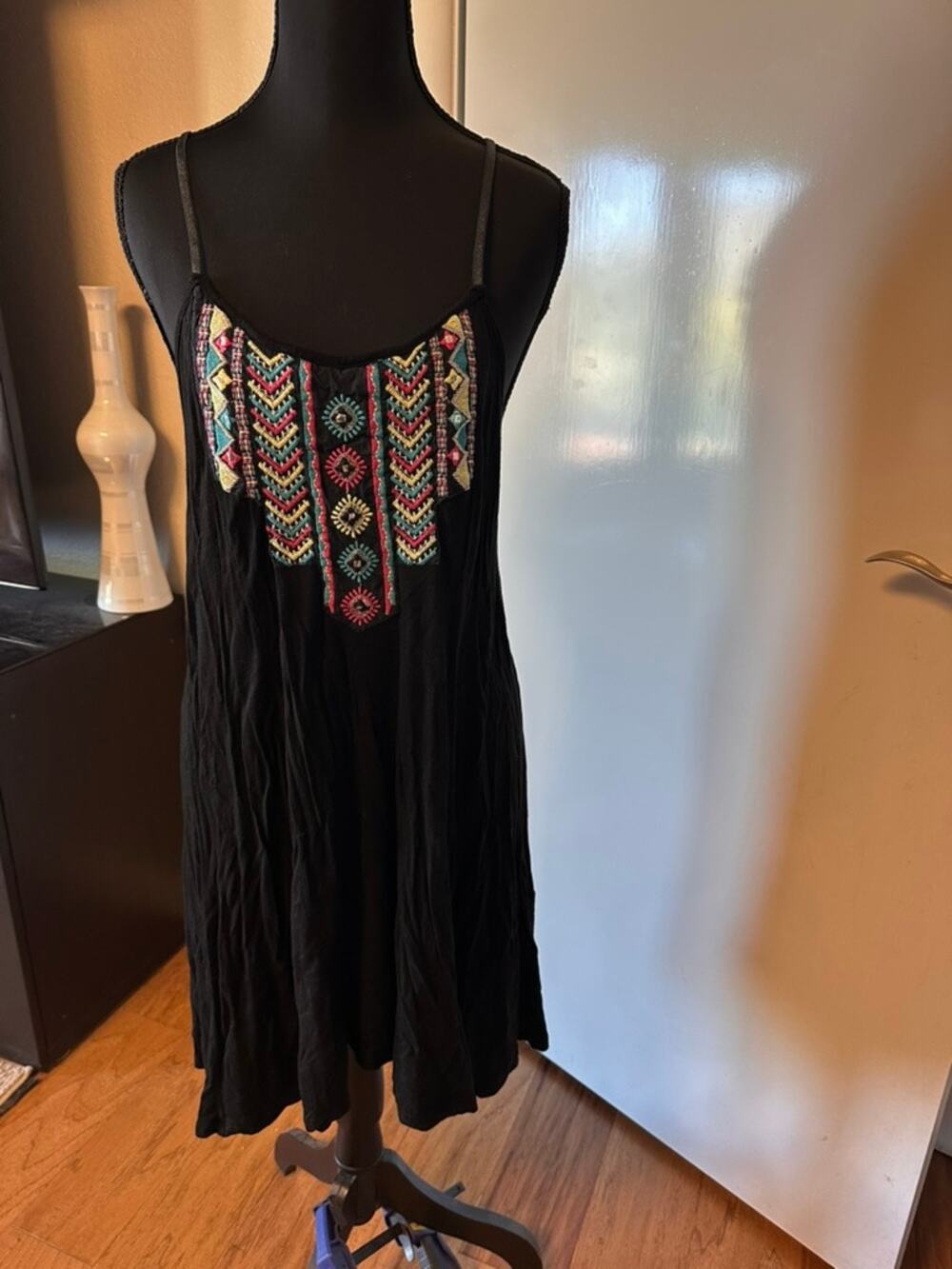 Vibrant Boho Black Spaghetti Strap Sundress w/ Multicolored Embroidered Neckline